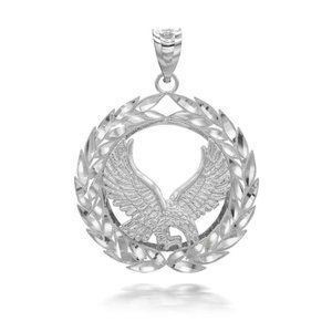 925 Sterling Silver Flying Eagle Laurel Wreath Large Pendant Necklace